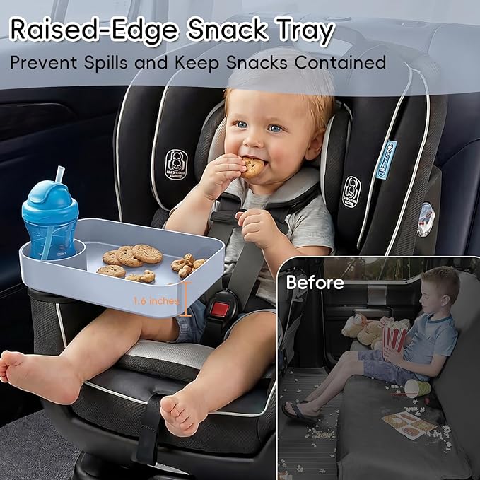 Kids Car Seat Tray, Travel Tray with Cup Holder for Toddler Baby, Kids Car Seat Food Snack Organizer for Road Trip, Stroller Snack Organizer Travel Must Haves Toddler Must Haves (Light Gray, 2 Packs)