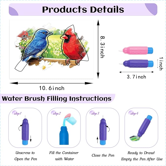 25 Pcs Reusable Water Doodle Coloring Set for Seniors, Dementia Products for Elderly – No Mess Art Set with 2 Ergonomic Brushes, Memory-Care Paint Book for Elderly, Thoughtful Gift for Grandparents