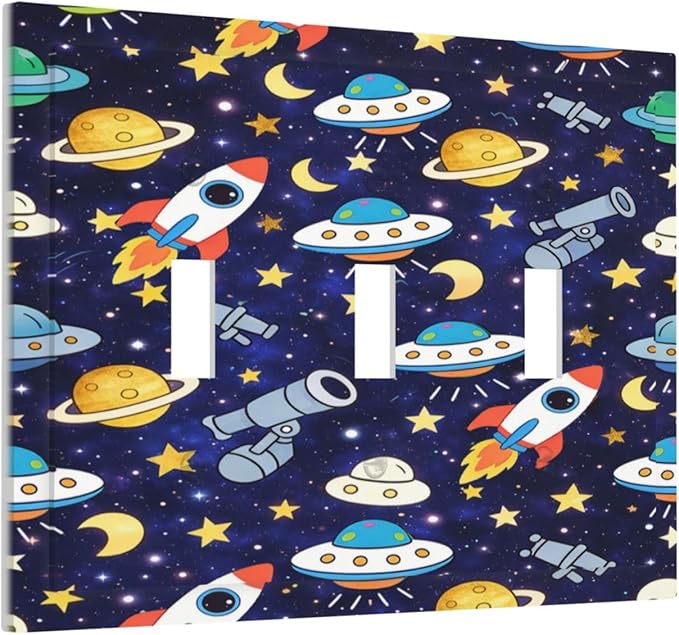 Decorative Light Switch Cover Plate Space-themed Rocket Spaceship 3 Gang Wall Plates for Electrical Triple Toggle Switch Plate Covers Outlet Covers Faceplate for Children's Room Decor