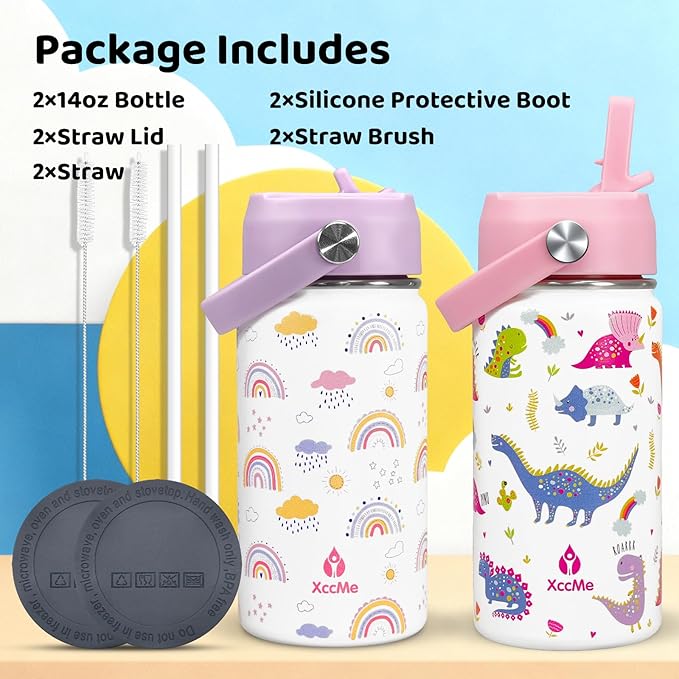 Kids Water Bottle With Straw Lid,2PACK 14 oz Stainless Steel Travel Bottle,Double Wall Leak Proof Kids Cup,Insulated Tumbler for Toddlers,Metal Bottle for School Boys Girls(Rainbow+Dinosaur)
