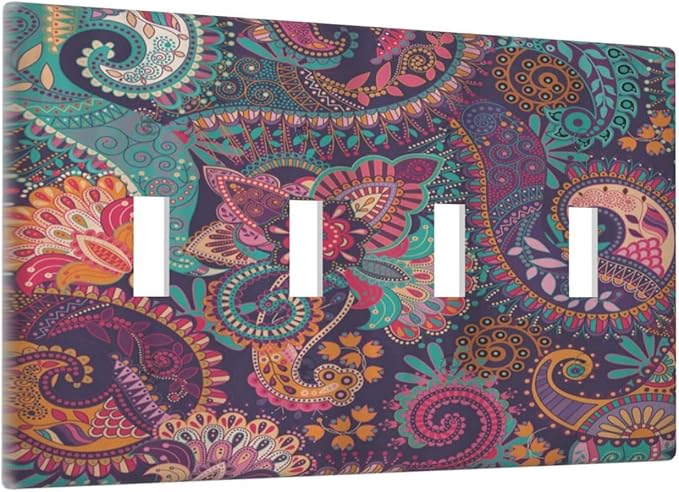 Mandala Boho Paisley Purple Floral Colorful Flower Light Switch Covers Quad Toggle Electrical Faceplate 4 Gang Wall Plate Decorative Switch Plates Cover for Home Bedroom Decor