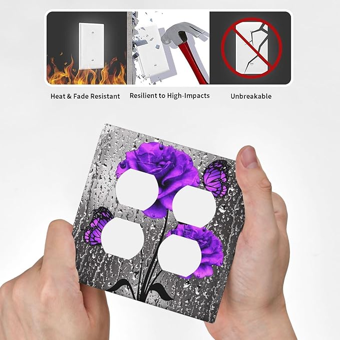 Fashion Purple Gray Blossom Flower Floral Art 2-Gang Device Duplex Wall Plate, Fashion Woman Love Grey Lady Rose Decorative Two Gang Double Duplex Receptacle Socket Outlet and Light Switch Cover Plate