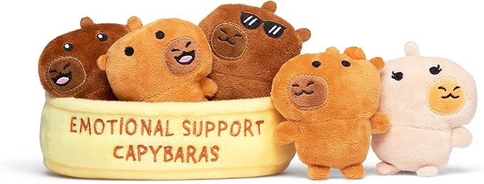 Emotional Support Capybaras by Relatable, Cuddly Stuffed Animals and Plushies Set, Small Gifts for Mom, Includes 5 Capybaras Plush Toys with Carrying Basket