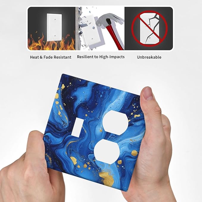 Light Switch Cover Plate Navy Blue Gold Marble Abstract Luxury 2 Gang Outlet Covers 1 Toggle 1 Duplex Socket Cover Wallplates Electrical Switch Plate Covers for Bathroom Home Decor