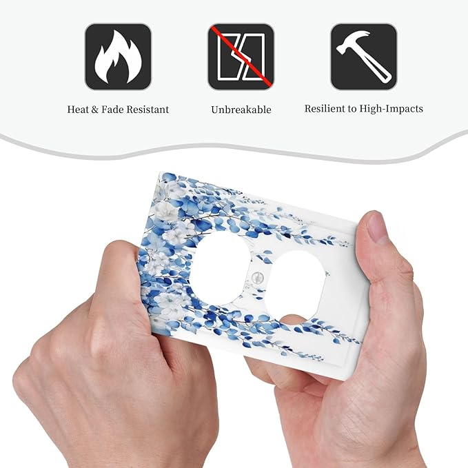 Blue Eucalyptus Leaves Floral Vine Flower Outlet Covers 1 Gang Duplex Light Switch Cover Decorative Switch Plates Electrical Receptacle Faceplate Wall Plate for Bedroom Living Room Decor