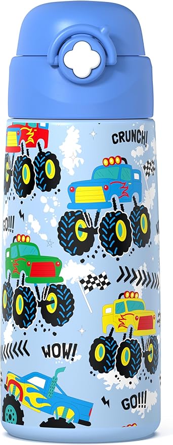 Boys Monster Truck Insulated Water Bottle with Covered Pop-Up Straw,16 oz Kids Cups with Stainless Steel Leak Proof for School
