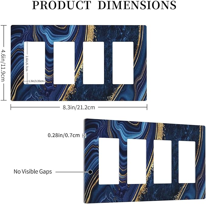 Navy Blue Marble 4 Gang Quad Rocker/Decor Light Switch Cover Plate Decorative Electrical Faceplate for Bathroom Room Decorate Jumbo Size Screwless 8.3" x 4.6