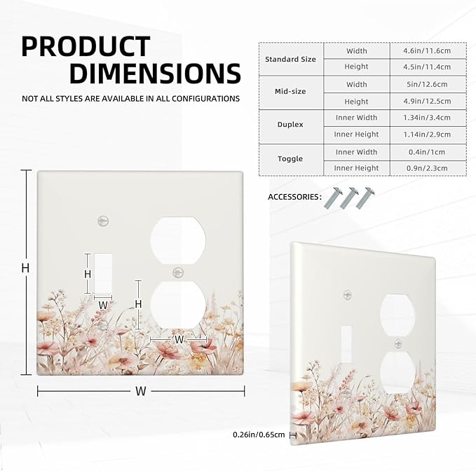 Outlet Covers Boho Floral Watercolor Flower Pattern 1 Toggle 1 Duplex Switch Plate Covers Electrical Light Switch Cover Plate Decorative Wall Plate Socket Cover for living Room Home Decor