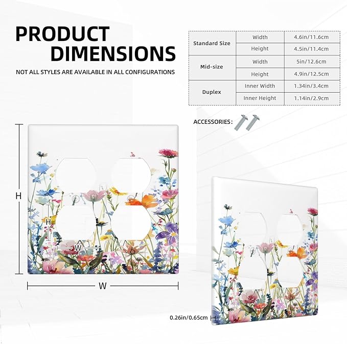 Watercolor Wildflowers Colorful Floral Plant Outlet Covers 2 Gang Double Duplex Decorative Light Switch Covers Electrical Wallplates Socket Faceplate for Bedroom Living Room Decor