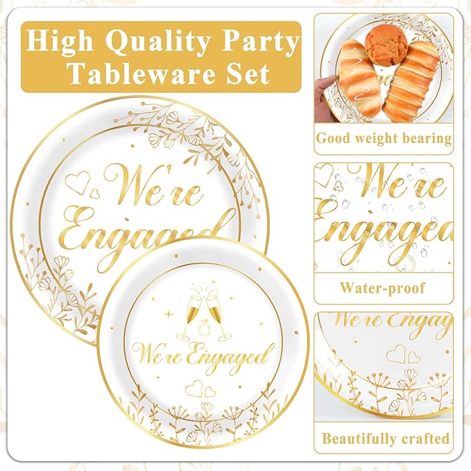 Justforjoyful 96Pcs Happy Engagement Party Supplies Engagement Paper Plates Napkins We're Engaged Party Tableware Set We're Engaged Dinnerware for Wedding Birthday Bridal Shower Decoration Serve 24