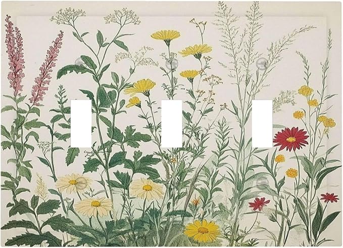 Rustic Wildflower Green Plants Daisy Floral Decorative Switch Plates 3 Gang Wall Plate Triple Toggle Light Switch Cover Faceplate Electrical Wall Panels For Farmhouse Bed Room Decor