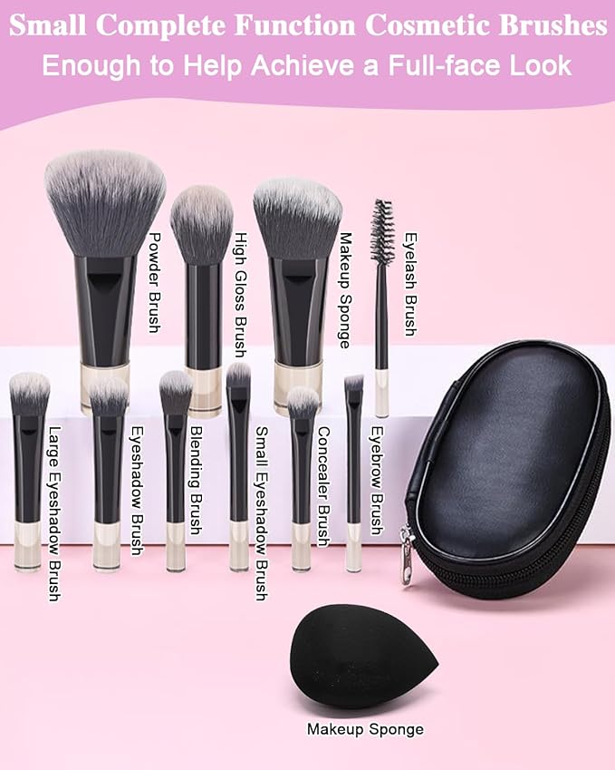 PGRODE Mini Travel Makeup Brushes Portable Set, 14 Pieces, Full Complete Function Cosmetic Kit with Brush Pouch, On the Go Short Makeup Brush Small Travel Essentials for Women, Girls (Black)