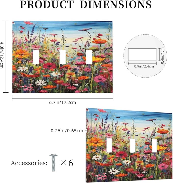 Colorful Wildflowers Painting Floral Flower Decorative Switch Plates 3 Gang Wall Plate Triple Toggle Light Switch Cover Faceplate Electrical Wall Panels for Bedroom Living Room Decor
