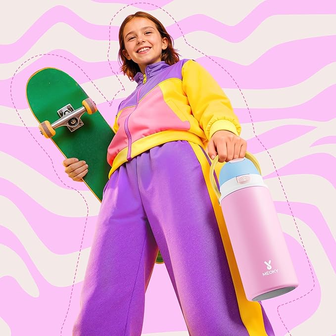 18 oz Insulated Water Bottle for Kids: Meoky Metal Water Bottle with 2-in-1 Straw and Spout Lid - Leak Proof, Cold for 24 Hours, Fits in Car Cup Holder for Girls School Sports, Fruit Punch