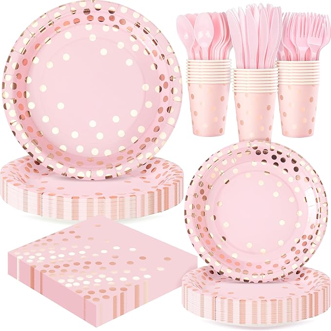 Pink and Rose Gold Dots Plates Set for 24 Guests, 168PCS Disposable Dinnerware,Party Supplies Paper Plates Napkins Cups Pink Cutlery for Birthday Baby Shower Wedding Bridal Anniversary Party