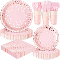 Pink and Rose Gold Dots Plates Set for 24 Guests, 168PCS Disposable Dinnerware,Party Supplies Paper Plates Napkins Cups Pink Cutlery for Birthday Baby Shower Wedding Bridal Anniversary Party