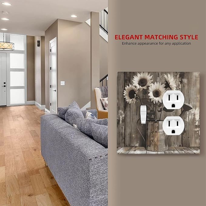 Rustic Floral Country Sunflower Daisy Old Wooden Boards Wallplates 1 Toggle 1 Duplex Switch Plate Electrical GFCI Faceplate Decorative Light Switch Covers for Farmhouse Home Decor