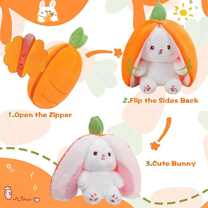 MIAODAM Reversible Carrot Bunny Stuffed Animal, Carrot Rabbit Ears Zip Plush Stuffed, Fruit Bunny Plush, Fluffy Rabbit Plushies Funny Hide Seek Bunny Toy for Girls Gifts Girlfriend