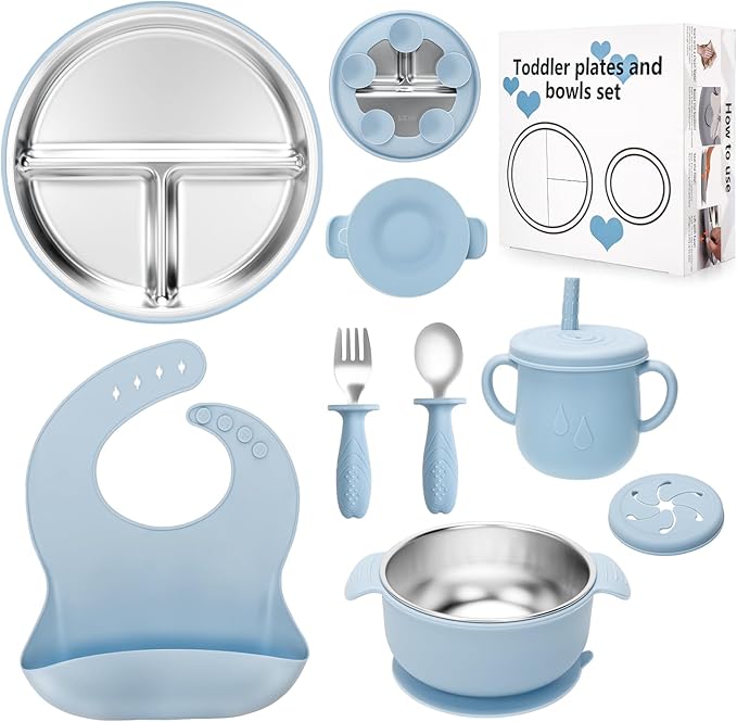 MISSLILI Stainless Steel Kids Plates and Bowls Set with Suction, Divided Baby Plate and Toddler Bowl with Removable Silicone Suction,Stainless Steel Weaning Bundle, Silicone Baby Feeding Set (Blue)