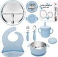 MISSLILI Stainless Steel Kids Plates and Bowls Set with Suction, Divided Baby Plate and Toddler Bowl with Removable Silicone Suction,Stainless Steel Weaning Bundle, Silicone Baby Feeding Set (Blue)