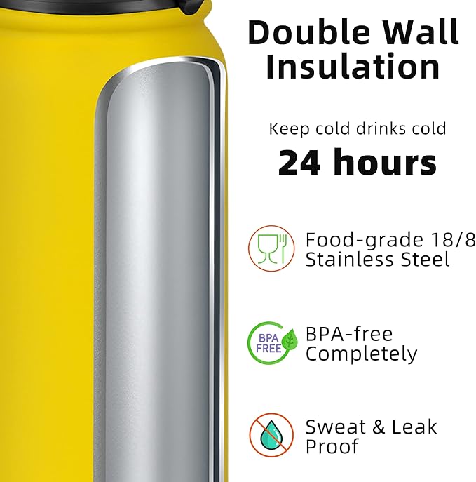 Fanhaw 40 oz Insulated Stainless Steel Water Bottle with Straw Lid, Leakproof Extra-Large Sports Bottle for Men & Women (Yellow)