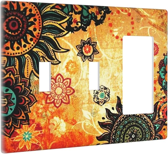 Red Orange Boho Bohemian Flower Floral 3-Gang 2-Toggle 1-GFCI/Decorator Combination Light Switch Decorative Triple Combo Device Switches/Rocker Outlet Covers and Wall Plate