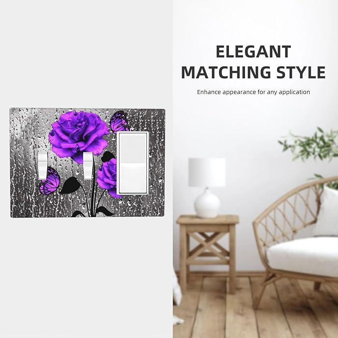 Cute Pretty Purple Gray Flowers Romantic 3-Gang Combination Double Toggle/Single Decorator Outlet Wall Plate Rose Blossom Butterfly Electric Decorative 2-Toggle 1-Rocker/GFCI Combo Light Switch Cover