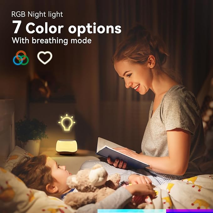 HEYAXA White Noise Sound Machine with 7 Colors Night Light 34 Soothing Sounds, Portable Sound Machine for Baby Adults Kids Sleep with 30 Volume Levels 4 Timers Adjustable Brightness (Black)