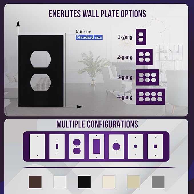 ENERLITES Screwless Duplex Wall Plate, Child Safe Receptacle Outlet Cover, Standard Size, 1-Gang 4.68" x 2.93", Unbreakable Polycarbonate Thermoplastic, UL Listed, SI8821-BK, Glossy, Black