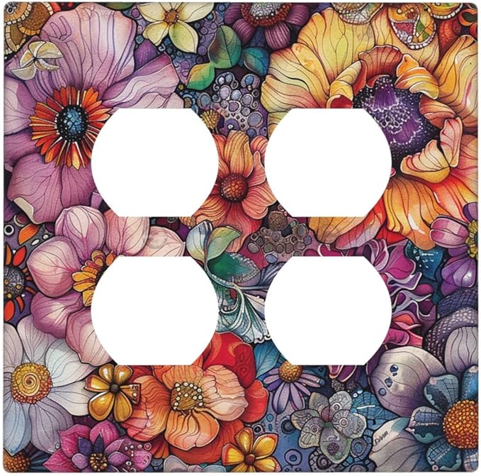 Outlet Covers Colorful Bohemian Flowers Vintage Boho Floral 2 Gang Double Duplex Decorative Light Switch Covers Electrical Wallplates Socket Faceplate for Bed Room living Room Decor