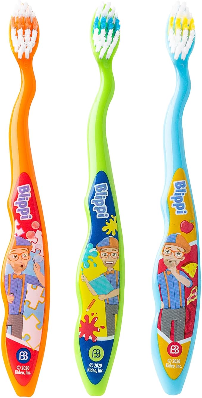 Brush Buddies Blippi Kids Toothbrushes 3 Pack, Soft Bristles for Toddlers Ages 2+, Easy Grip Handles, Blue Yellow Orange Toothbrush Set, Fun Blippi Design, Kids Oral Care