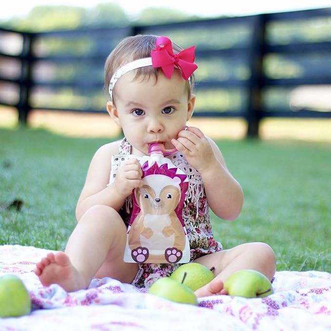 ChooMee Reusable Baby Food Pouches | BPA Free | Refillable Toddler Squeeze Pouches for Homemade Purees, Applesauce & Yogurt | Double Zipper, Easy Fill & Wide Bottom | 4CT, 5oz SnakPack FreshSquad