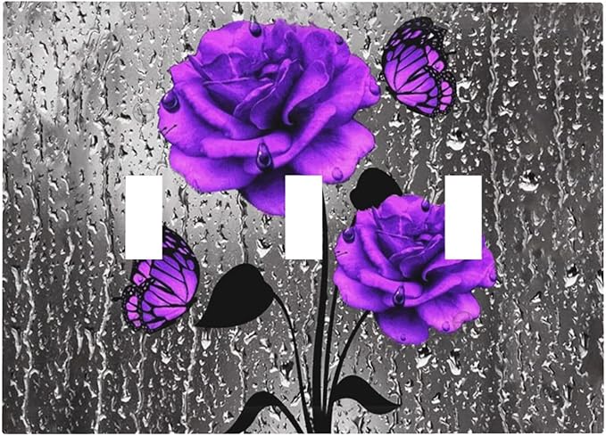 Decorative Rose Art 3 Gang Toggle Light Switch Cover, Purple/Gray Flowers Floral Butterfly Girly Romantic Blossom Triple Toggle Device Switch Face Wall Plate Electrical Decorator Outlet Cover