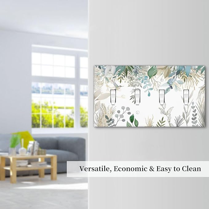 Green Tropical Palm Leaves Flower Plants Hummingbird Light Switch Covers Quad Toggle Electrical Faceplate 4 Gang Wall Plate Decorative Switch Plates for Bed Room Living Room Decor