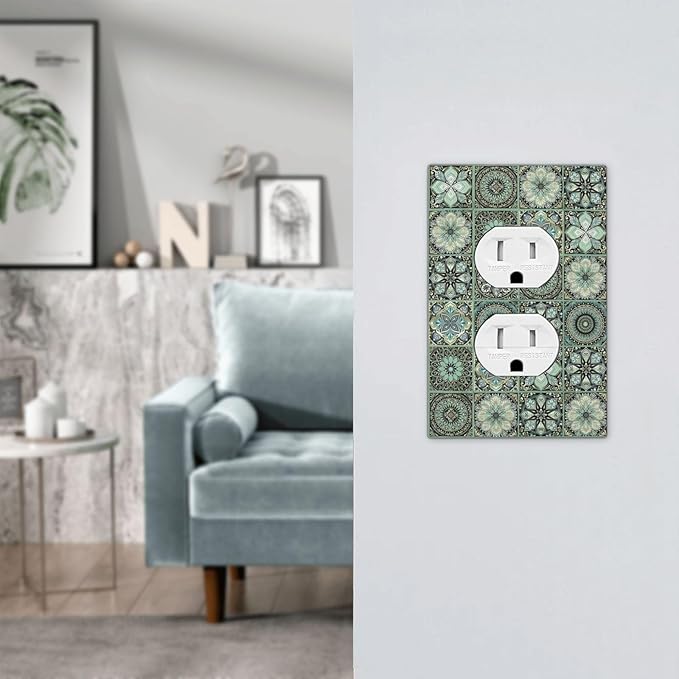 Moroccan Mandala Tile Floral Talavera Tiles Outlet Covers 1 Gang Duplex Light Switch Cover Decorative Switch Plates Electrical Receptacle Faceplate Wall Plate for Bathroom Kitchen Decor