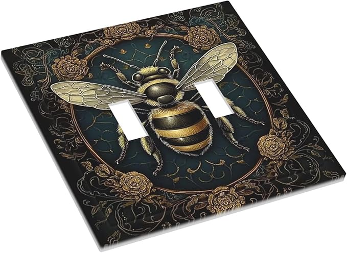 Decorative Switch Plates Mid Century Bee Dark Floral 2 Gang Double Toggle Outlet Light Switch Cover Wall Plate Electrical Faceplate For Home Office Decor