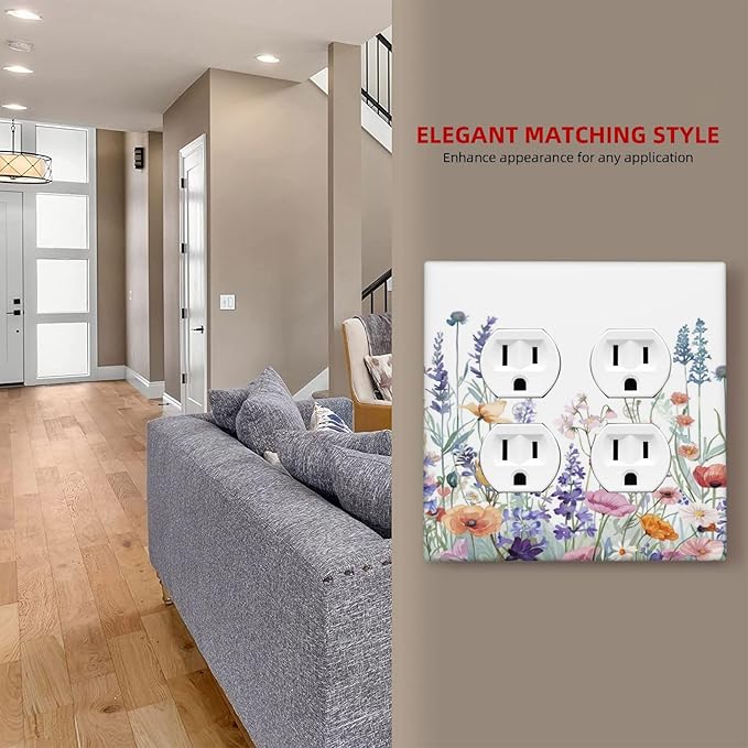 Colorful Floral Purple Lavender Flower Leaves Plants Outlet Covers 2 Gang Double Duplex Decorative Light Switch Covers Electrical Wallplates Socket Faceplate for Bed Room Living Room Decor