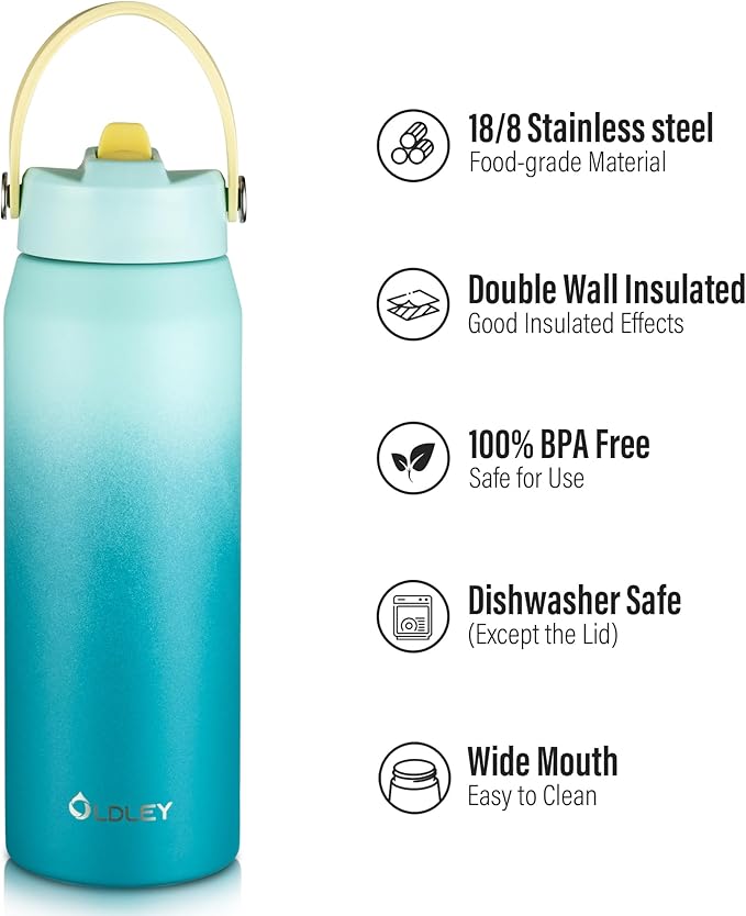 Oldley 24oz Insulated Water Bottle with Straw, Stainless Steel Water Bottle for Sports, Travel, School, BPA-Free Sports Bottles for Adult Kids, Leak-Proof, Light Green Blue