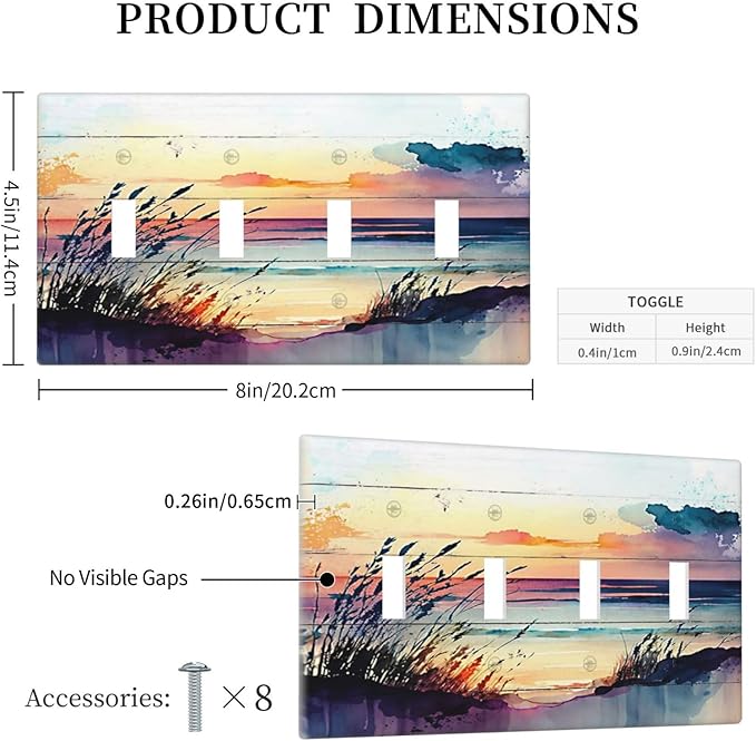 Light Switch Cover Sunset Beach Abstract Watercolor 4 Gang Switch Plate Quad Toggle Wall Plates Nature Coastal Decorative Switchplate Electrical Outlet Cover Plates for Bathroom Home Decor
