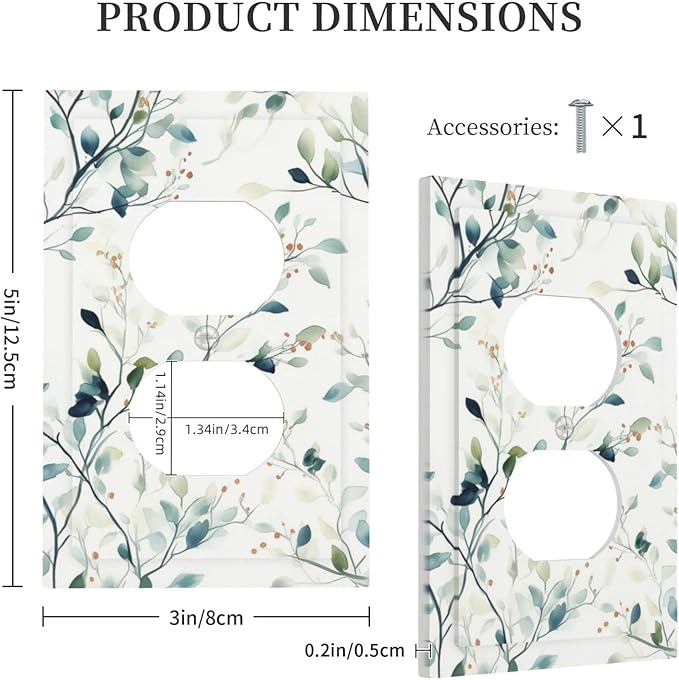 Watercolor Floral Green Leaves 1 Gang Electrical Duplex Outlet Covers Green Botanical Flowers Light Switch Cover Receptacle Wall Plate Decorative Faceplate for Country Bedroom Home Decor