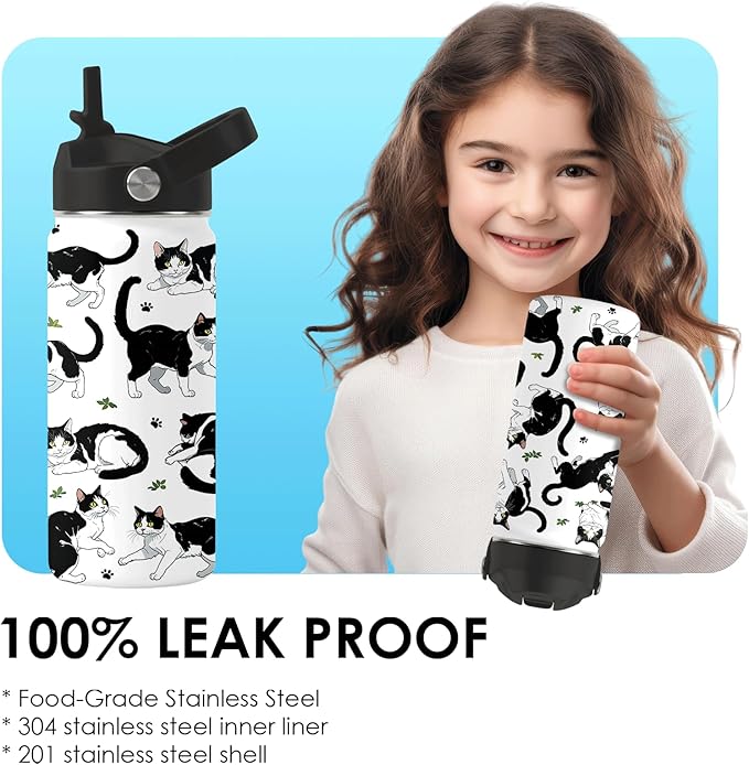 Cat Gifts for Kids - 16oz Black Cat Water Bottle with Straw Lid, Stainless Steel Insulated Bottle, Leak Proof, BPA-Free, for Boys, Girls, School - Black and White Cat Gifts Cats Lovers Gift Cup(1pc)