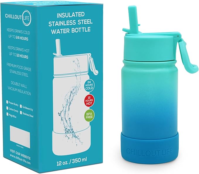 CHILLOUT LIFE 12 oz Kids Insulated Water Bottle for School with Straw Lid Leakproof and Cute Waterproof Stickers, Personalized Stainless Steel Thermos Flask Metal Water Bottle for Girls & Boys
