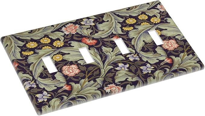 Boho William Morris Floral Green Leaves Flower Light Switch Covers Quad Toggle Electrical Faceplate 4 Gang Wall Plate Decorative Switch Plates Cover for Farmhouse Home Decor