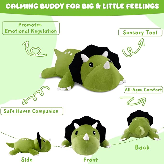 TOYSYM Weighted Stuffed Animals Triceratops, Dinosaur Plush with Weighted Beads, Cute Triceratops Dinosaur Stuffed Animals Pillow Gifts for Adults Kids Boys Girls 13.8inch