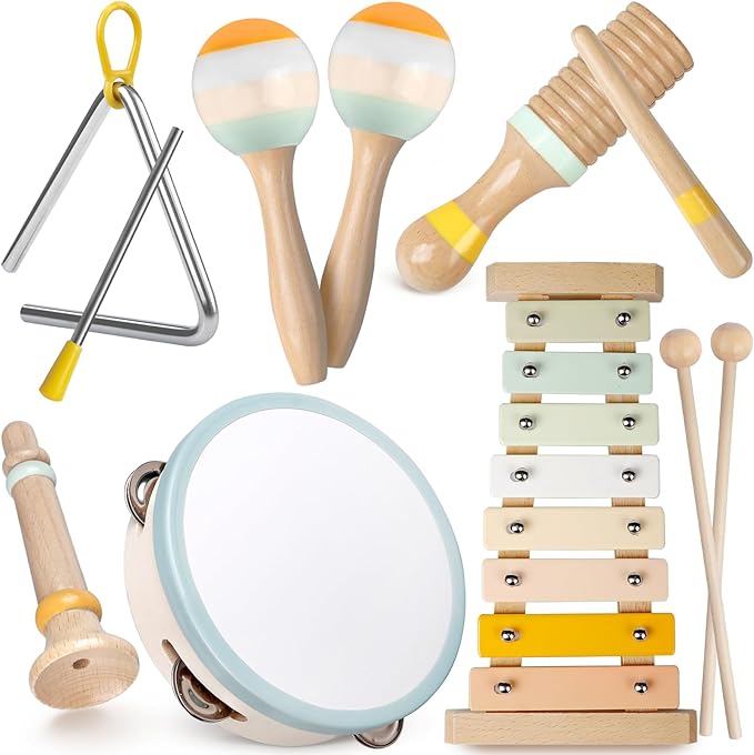 Baby Musical Instruments - Toddler Musical Toys Montessori Wooden Xylophone Maracas Tambourine Percussion Set for 1 2 3 Year Old, Kids Educational Music Learning Toys, Birthday Gifts for Boys Girls