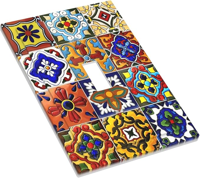 Vintage Colorful Boho Mexican Moroccan Tile Decorative Light Switch Cover 1 Gang Single Toggle Device Electrical Faceplate Switchplates Decorator Outlet Wall Plate for Farmhouse Home Decor