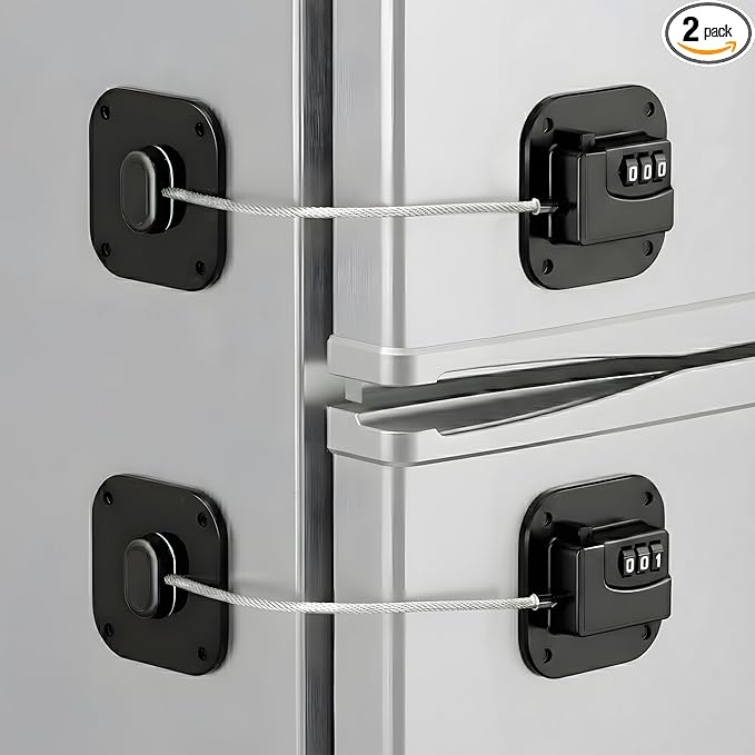 Fridge Lock, 2 PCS Refrigerator Lock for Freezer,Cabinets and Drawers,Air Fryer,Doors,Combination Code,Heavy Duty with Adhesive Backing, Easy Install,No Keys Needed Black