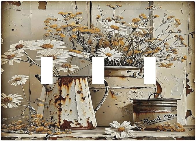 Rustic Flowers Daisy Floral White Wooden Planks Decorative Switch Plates 3 Gang Wall Plate Triple Toggle Light Switch Cover Faceplate Electrical Wall Panels for Farmhouse Home Decor
