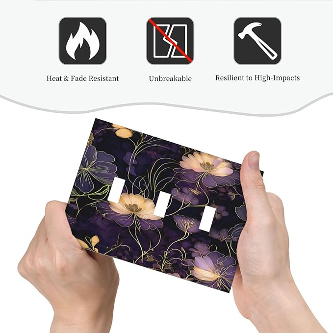 Modern Boho Vintage Gold Purple Dark Floral Modern Abstract Flowers Decorative Switch Plates 3 Gang Wall Plate Faceplate Electrical Wall Panels Triple Toggle Light Switch Cover for Bedroom Living Room
