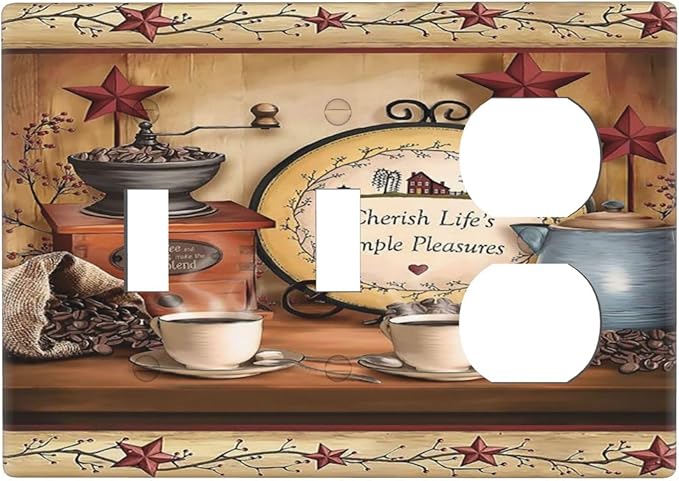 Barn Kitchen Cafe Coffee Texas Star 3-Gang 2-Toggle 1-Duplex Receptacle Combination Light Switch Decorative Triple Combo Device Switches/Rocker Outlet Covers and Wall Plate